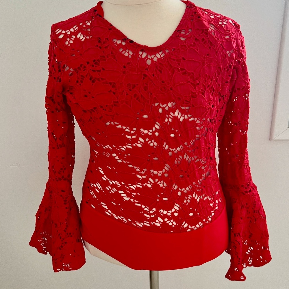 Dance Costume -  Adult MED - Red, lace leotard with long bell sleeves
